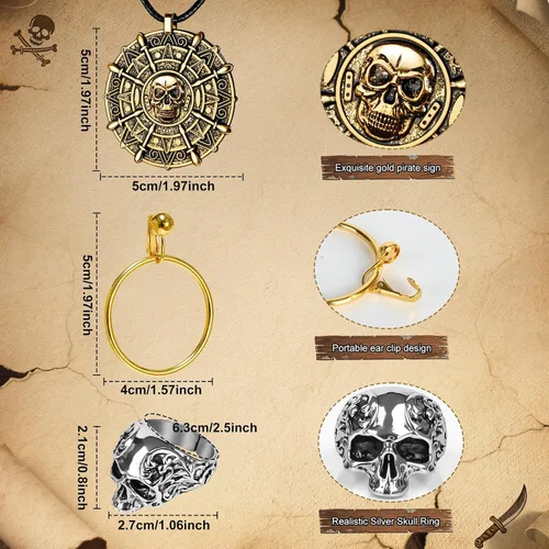Vista 4 de Servllcell 6 piezas de sombrero de pirata, accesorios de disfraz de pirata para hombre con parche de ojo, collar de calavera, gancho de anillo