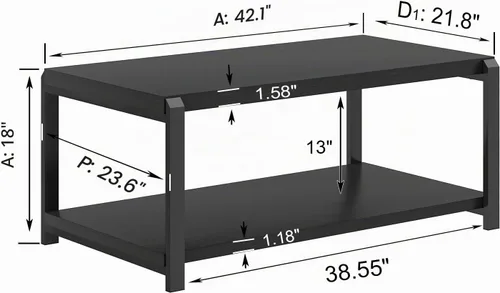 Vista 2 de EXCEFUR Mesa de café negra, mesa central moderna de madera rústica para sala de estar, mesa de té industrial rectangular de cóctel con estante
