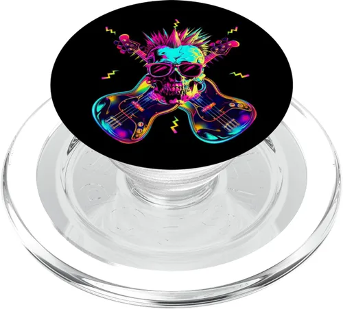 Vista 7 de Streetwear Synthwave 80s 90s skull rock music bass guitar PopSockets Adhesive PopGrip