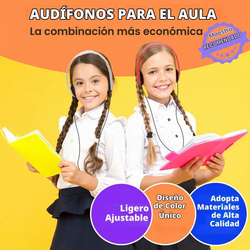 Vista 3 de Paquete de 10 auriculares para niños a granel para el aula escolar, auriculares multicolor con cable para estudiantes, auriculares ajustables