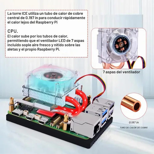 Vista 2 de GeeekPi Enfriador de CPU de bajo perfil para Raspberry Pi 5, ventilador de 4 pines con disipador de calor de aluminio para Raspberry Pi 5 8GB 4GB