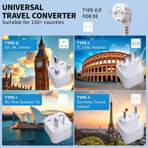 Vista 2 de Convertidor de 220V a 110V para viajes europeos con tipo C/G/I/L/E/F para UE Reino Unido IT (blanco)