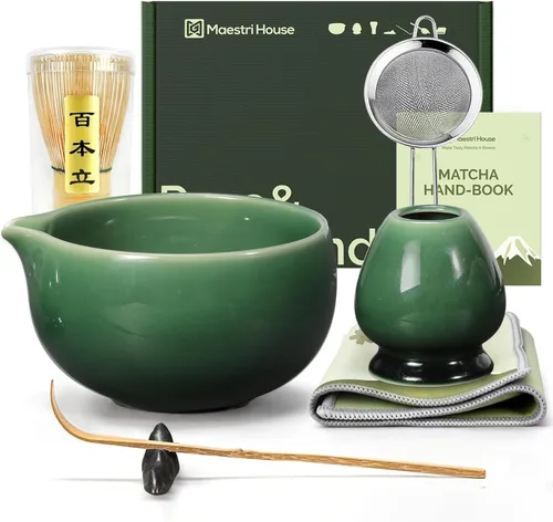Vista 9 de Maestri House Juego de Batidores de Matcha, Kit Completo de Matcha de 7 Piezas con Cuenco de Cerámica con Boquilla, Batidor y Soporte de Bambú