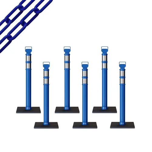 Vista 16 de CCW 6-Pack 45" Delineador Post Kit Kit de 3.0 in collares reflectantes, base de goma de 10 lb (6 postes blancos con cadena negra de 50 pies)