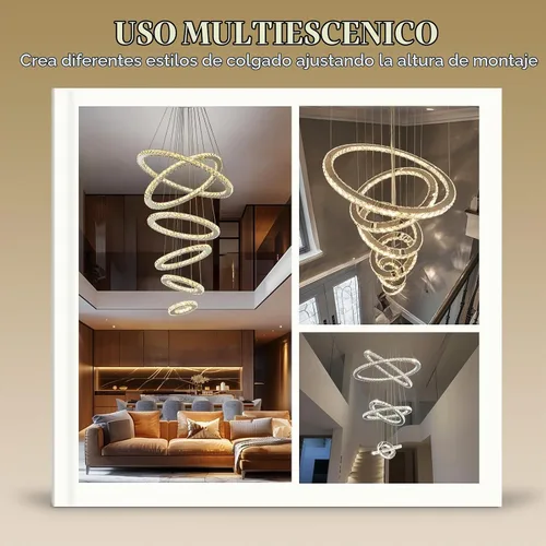 Vista 2 de Siljoy Moderna lámpara de araña de cristal, 6 anillos, lámpara de techo LED con 3 colores, lámpara de techo alto para sala de estar, comedor
