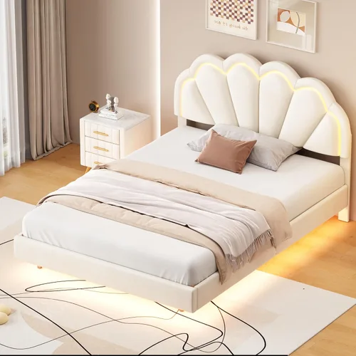 Vista 21 de Cama de plataforma de madera tamaño individual con luz LED integrada, cabecera de almacenamiento y barandilla, dormitorios adecuados para niños