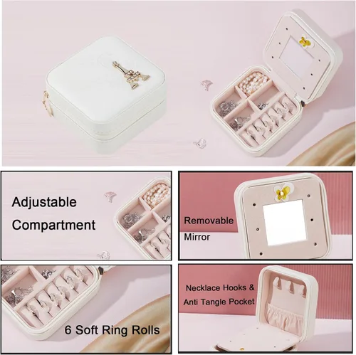 Vista 2 de Obsoorth Joyero portátil pequeño de viaje de piel sintética de gran capacidad con cremallera de franela mini organizador para aretes (blanco)