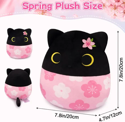 Vista 3 de Peluche de gato negro, animal de peluche Sakura con bordado Sakura en la cabeza, regalos de felpa suave para niños y niñas