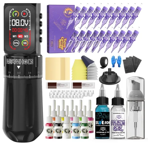 Vista 11 de Kit de pistola de tatuaje inalámbrico de agujero de gusano con batería dual Dorado (Gold 2)