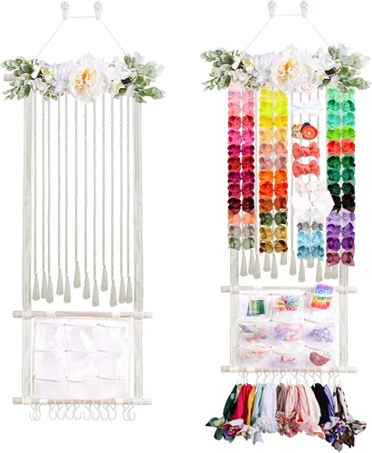 Vista 13 de cherrboll Organizador de lazos para el pelo con soporte para diadema para niñas, colgador de almacenamiento de pinzas para el cabello con ganchos