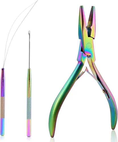 Vista 8 de NEWISHTOOL Kit de Herramientas para Extensiones de Cabello - Micro Cuentas de Silicona, Alicates para Cuentas de Acero Inoxidable, Enhebrador
