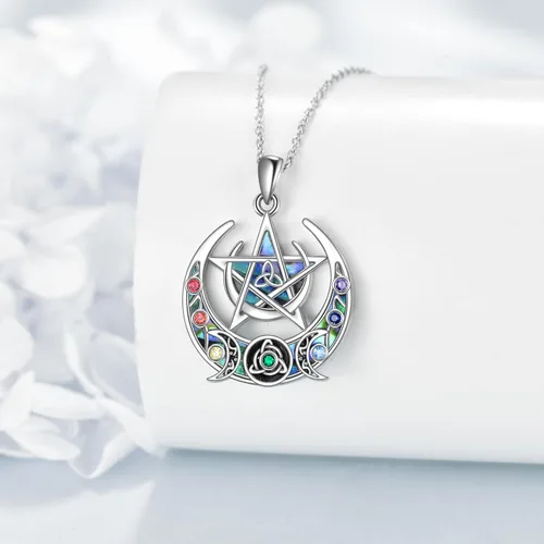Vista 28 de LUHE Collar de plata de ley con dije de pentagrama de chakras y luna, pentáculo, celta, pagano, wiccano, amuleto mágico para mujeres, adolescentes