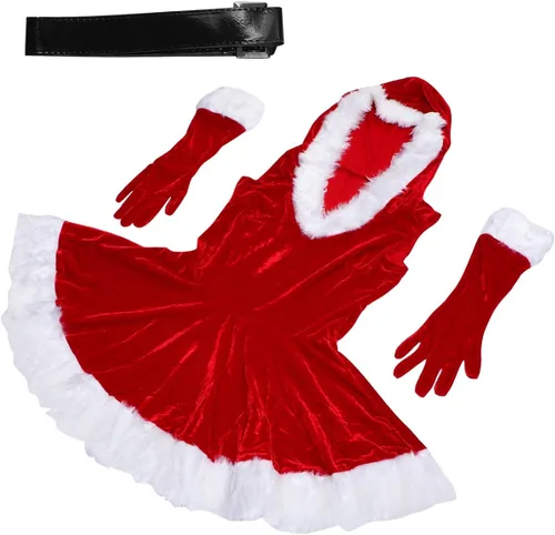 Vista 4 de KESYOO 3pcs rojo traje de Navidad mujeres traje de Papá Noel vestido de Navidad Cosplay Claus Santa traje con guantes cinturón para la etapa