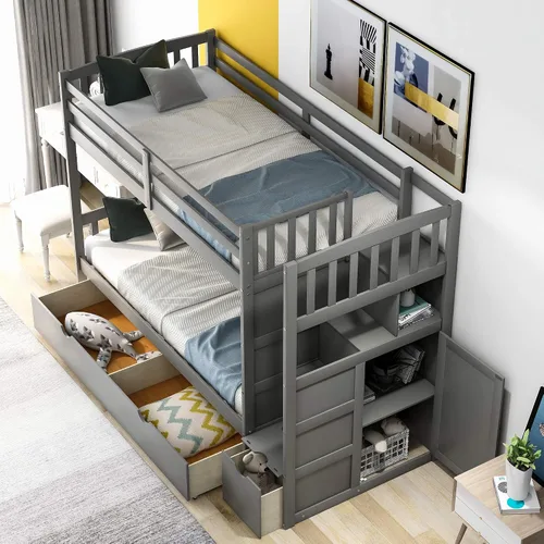 Vista 5 de Harper & Bright Designs - Litera con cama de tamaño individual sobre cama de tamaño matrimonial/individual, con 3 cajones, 4 espacios de Gris