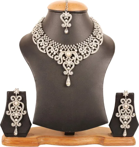 Vista 204 de Conjunto precioso de collar con look real Indian Bollywood, maravillosamente decorado, conjunto de collar adornado para mujer.