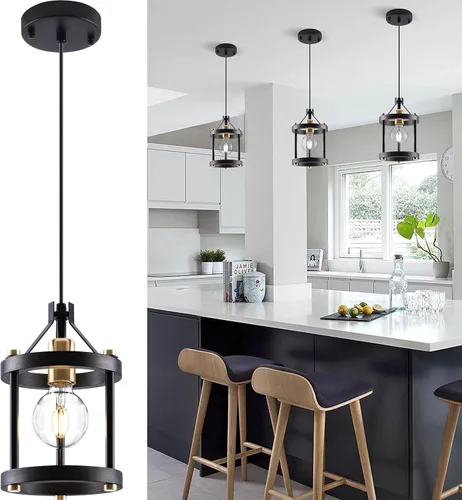 Vista 10 de MO&OK Juego de lámparas de araña de 3 luces vintage, lámparas colgantes de metal y madera estilo granja en negro, iluminación colgante de estructura