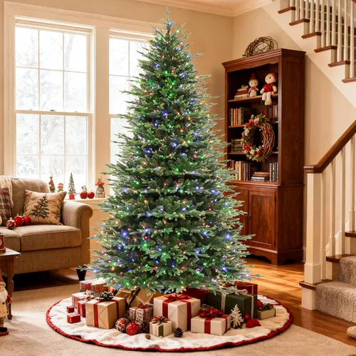 Vista 11 de Hykolity Árbol de Navidad flocado preiluminado de 7.5 pies, 450 luces LED 1592 puntas flocadas mixtas, 450 LED blanco cálido y multicolor, 10 modos
