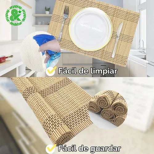 Vista 4 de Juego de 8 manteles individuales de bambú natural antideslizantes, lavables, resistentes al calor, para comedor y cocina (beige)