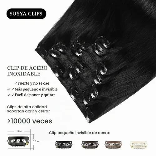 Vista 4 de SUYYA Extensiones de cabello humano real con pinzas, 7 piezas de extensiones de cabello humano Remy liso con clip, para mujer, doble trama, 12 #1