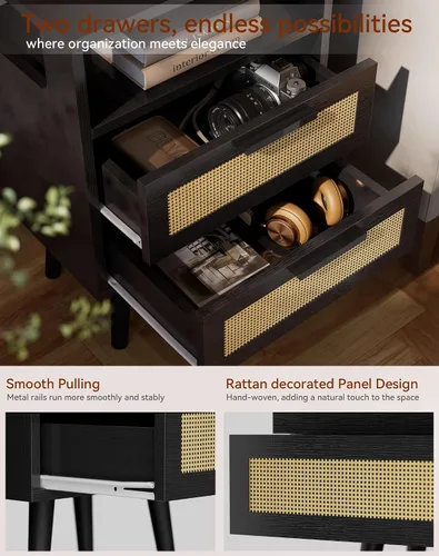 Vista 8 de YMYNY Mesita de noche con 2 cajones, mesa auxiliar bohemia, ratán decorado a mano, estante abierto con diseño arqueado, patas de madera maciza, Negro