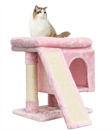 Vista 13 de SYANDLVY Árbol pequeño para gatos grandes de interior, condominio para gatitos con poste rascador y tabla, torre de actividades moderna con cueva