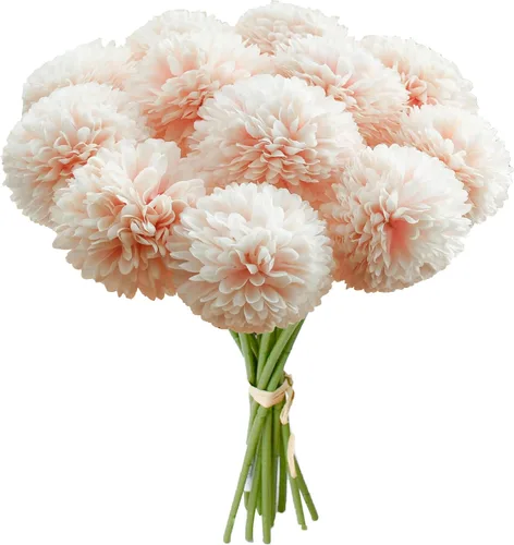 Vista 37 de Mandy's 6 tallos de seda beige Kiku flores de bola Tallos artificiales de crisantemo para decoración del hogar, verano, arreglo floral sintético