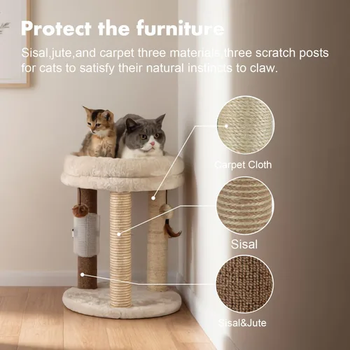 Vista 3 de MECOOL Árbol pequeño para gatos 4en1, poste rascador con torre, cama suave, alfombra de sisal, postes de yute con tres juguetes de bola colgante
