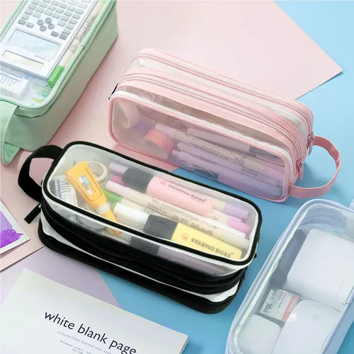 Vista 3 de Estuche grande de malla de malla con 2 compartimentos, bolsa transparente para lápices con cremallera, bolsa de papelería transparente multifunción