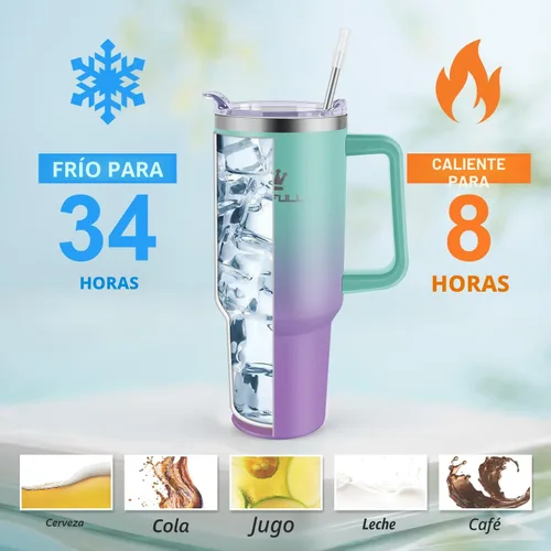 Vista 4 de Vaso de 40 onzas con asa y tapa con popote, taza de café de viaje 100% a prueba de fugas, taza aislada de acero inoxidable para bebidas frías
