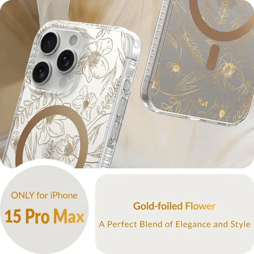 Vista 2 de LONLI Hue - para iPhone 15 Pro Max [Compatible con Magsafe] - Funda de teléfono floral dorada - [Amortiguador de 360°] - Funda de teléfono linda