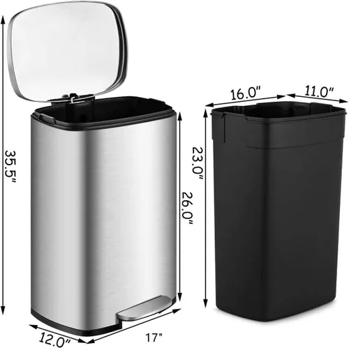 Vista 9 de SoftStep - Cubo de basura rectangular de 50 litros/13.2 galones, cubo de basura de acero inoxidable con cubo interior extraíble y tapa con bisagras