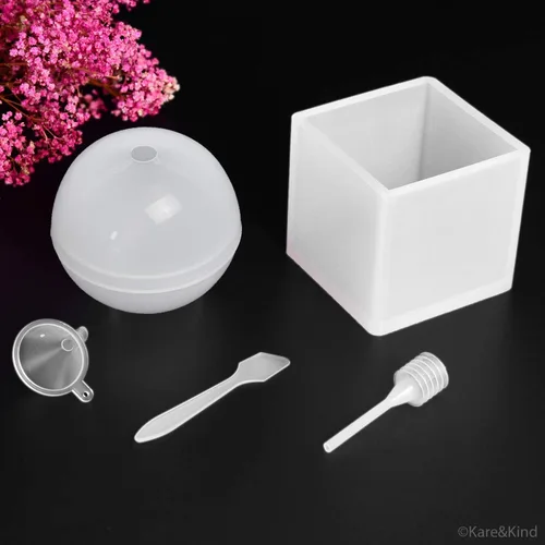 Vista 2 de Moldes epoxi de arcilla polimérica/resina – Juego de 2 formas de silicona – Cubo/Esfera – Crea tus propios objetos transparentes u opacos – Fácil