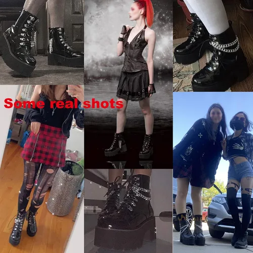Vista 5 de CYNLLIO - Botas estilo combate de moda al tobillo de mujer, plataforma en bloque con cordones y tachas, botas de motocicleta a mitad