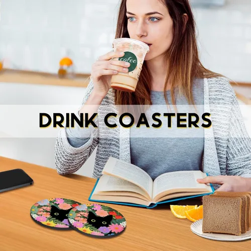 Vista 7 de Swooflia Posavasos para bebidas, mesa de café, diseño de gato negro, lindo colorido de silicona, absorbente, juego de posavasos para inauguración