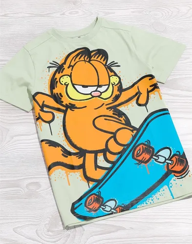Vista 2 de Garfield Camiseta para niños Camiseta de manga corta para niños y niñas, diseño de personajes en color verde pastel