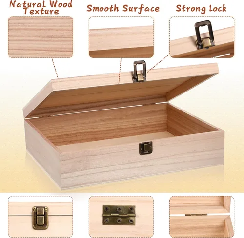 Vista 4 de Yookeer 8 cajas de madera sin terminar con tapa con bisagras, caja de madera a granel para manualidades, cierre frontal, almacenamiento de madera