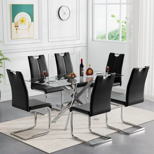 Vista 13 de Juego de mesa de comedor de cristal de 5 piezas para 4, moderno juego de mesa de cocina rectangular de vidrio templado transparente de 51.18