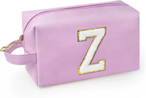 Vista 27 de Bolsa de maquillaje personalizada con inicial con asa, bolsa de cosméticos de preparación con bolsillo interior con cremallera, 8, 9, 10, 11, 12 Rosa