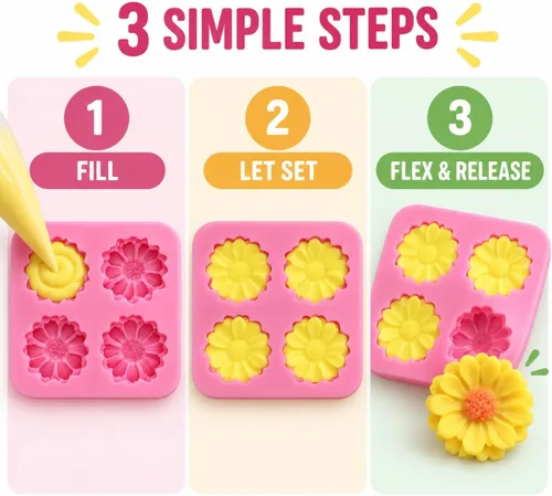 Vista 6 de Juego de moldes de silicona para fondant de 4 piezas con margaritas y rosas