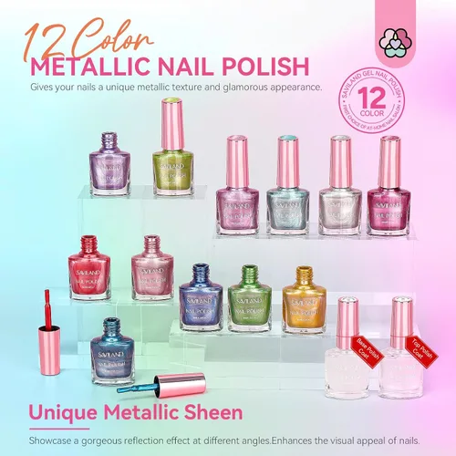 Vista 6 de SAVILAND Esmalte de uñas metálico con base y capa superior: Juego de esmalte de uñas cromado de 12+2 colores, con brillo espejo, holográfico, Cromo