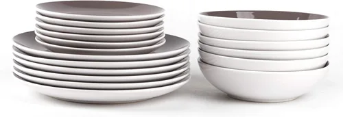 Vista 2 de HomeVss - juego de vajilla de gres en forma de cupé de 18 piezas, exterior blanco + interior taupe gris topo