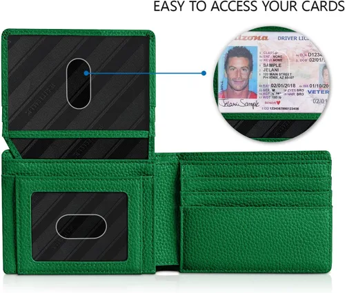 Vista 2 de RUNBOX Cartera para hombres Slim Rfid Leather 2 ID Window con caja de regalo, verde (New Litchi-Green), Minimalista