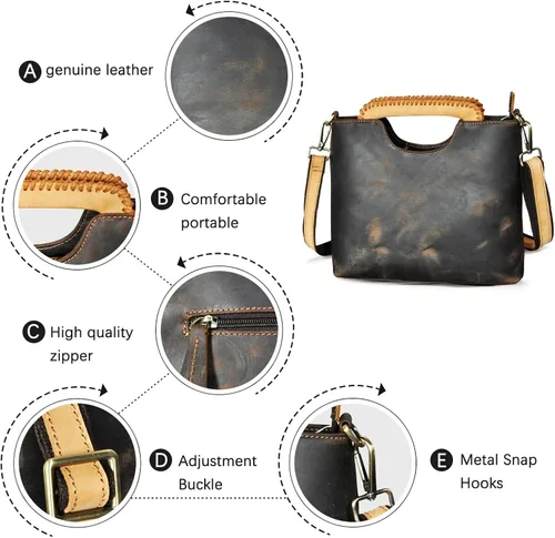 Vista 5 de Handadsume Bolso cruzado de cuero genuino de caballo loco grueso bolso de hombro con asa superior para las mujeres 6640