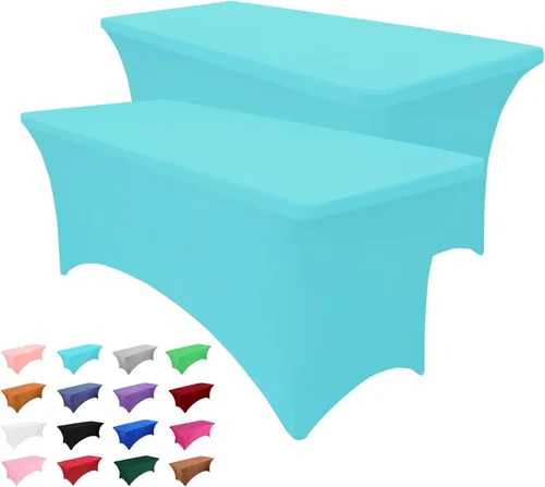 Vista 10 de Paquete de 2 manteles rectangulares de 4 pies para manteles rectangulares color gris azulado, elásticos, manteles de elastano para eventos