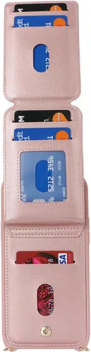 Vista 6 de Funda para iPhone 13 Pro Max, de piel sintética con tarjetero para mujer, 7 ranuras, función atril, absorbente de golpes, color oro rosa