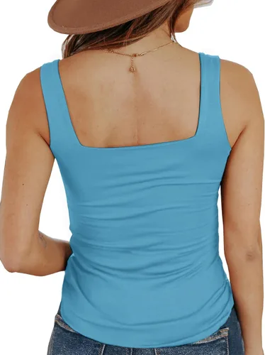 Vista 2 de Umenlele Camiseta básica de verano para mujer, cuello cuadrado profundo, sin mangas, lisa