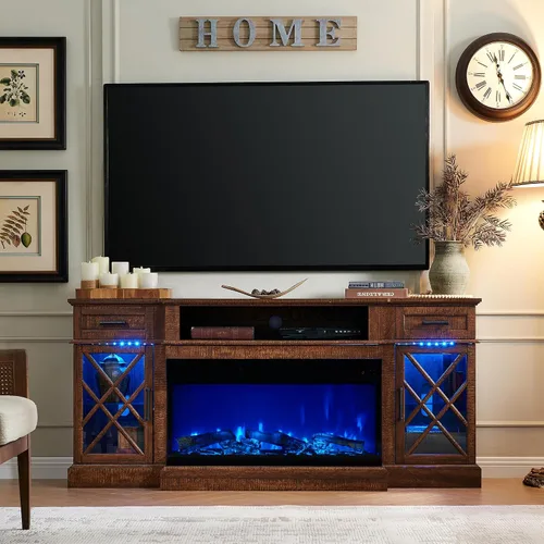 Vista 9 de OKD - Mueble de TV de estilo granja con chimenea, soporte de centro de entretenimiento de 70" con chimenea eléctrica de vidrio de 3 lados de 36