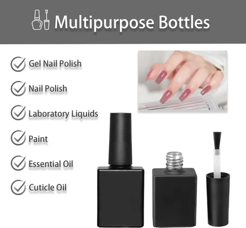 Vista 5 de Botellas vacías de esmalte de uñas de gel con cepillo de 0.3 onzas líquidas, color negro, cuadrado opaco de vidrio rellenable, botellas de esmalte