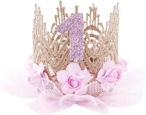 Vista 3 de Traje de primer cumpleaños para niña con volantes manga corta encaje floral vestido de tul diadema de corona sesión de fotos