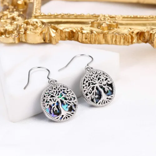 Vista 2 de Aniu Aretes colgantes de árbol de la vida, flor, turquesa, ópalo azul, malaquita, ágata musgo, lágrima, para mujer, plata de ley, aniversario